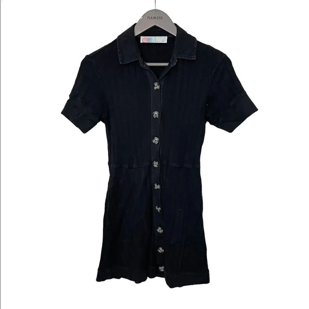 Free People Beach Black Cotton Ribbed Stretch Button Up Dress -XS